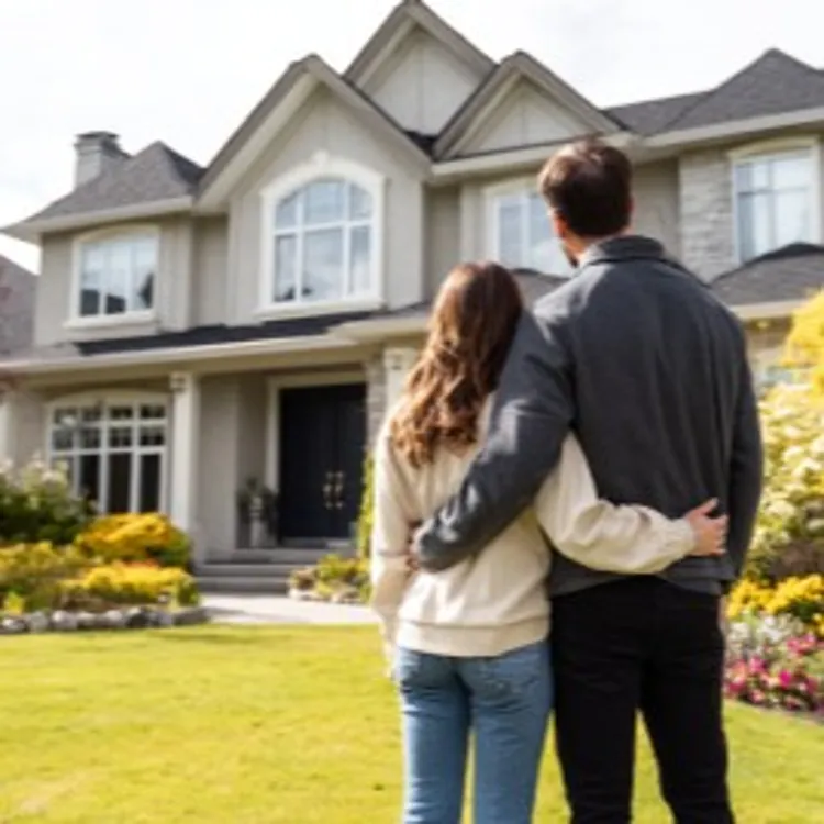 a couple standing in front of a house with a big lawn