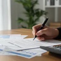 Person writing on a document at a desk with financial charts and a calculator nearby.