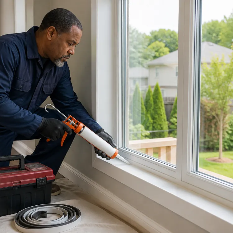 Man in work clothes sealing a window frame indoors with a caulking gun and toolbox nearby