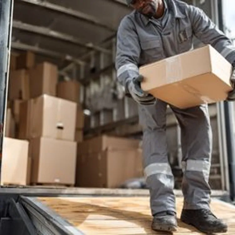 a person in a gray uniform and gloves unloading a cardboard box from a delivery truck