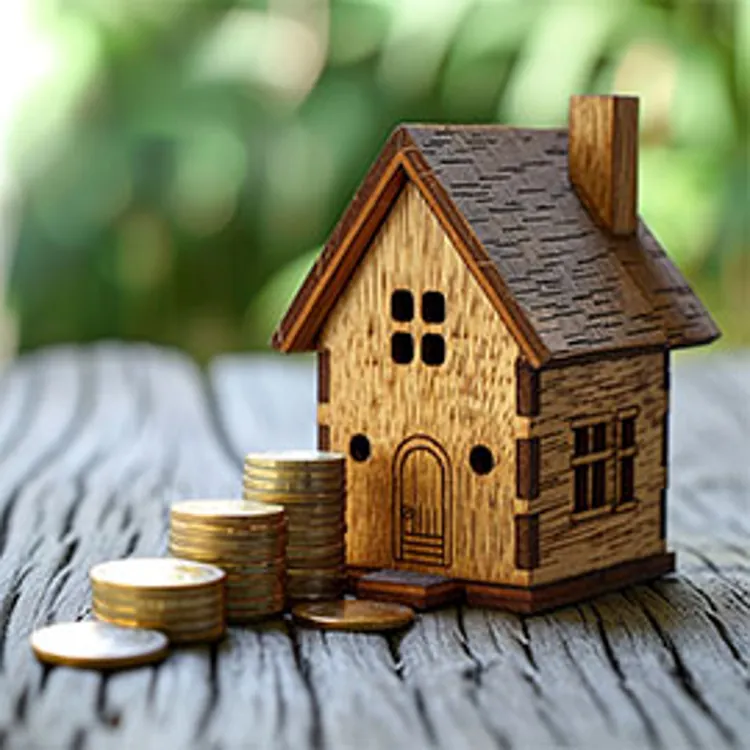 wooden miniature house with stacks of coins beside it