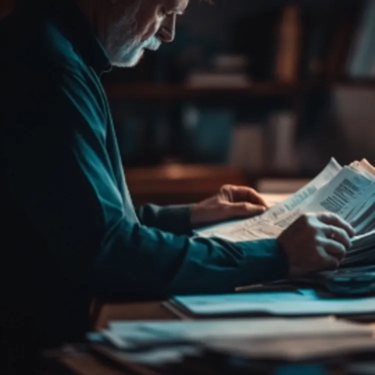 a man sitting at a desk with a bunch of papers in his hands
