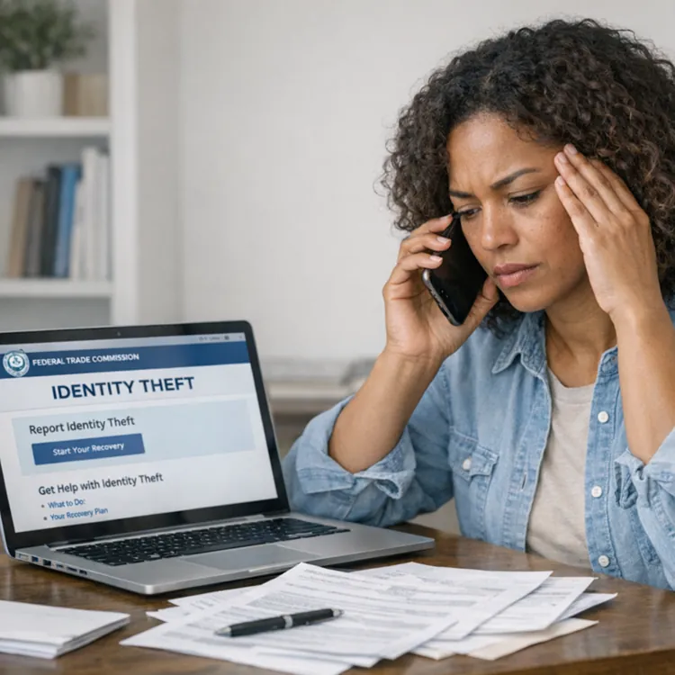 Woman on phone looking concerned with identity theft website on laptop and papers on table.