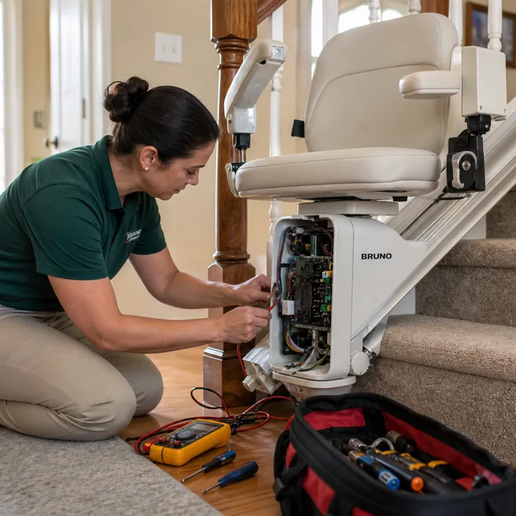 Technician repairing a stair lift at the base of a carpeted staircase with tools nearby