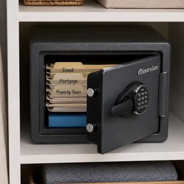Open safe on a shelf containing labeled folders for deed, mortgage, and property taxes