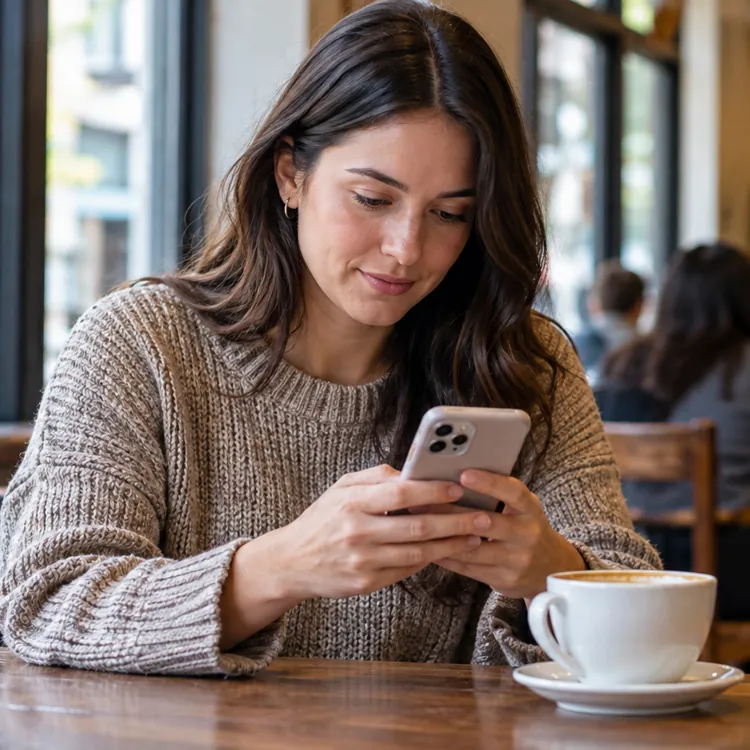 Woman using a smartphone at a wooden table with a coffee cup in a busy cafe
