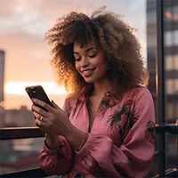 smiling woman checking her smartphone
