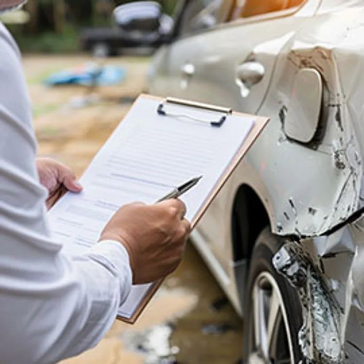 car insurance agent inspecting a damaged car