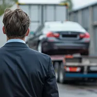 a man looking at a car on a transport truck
