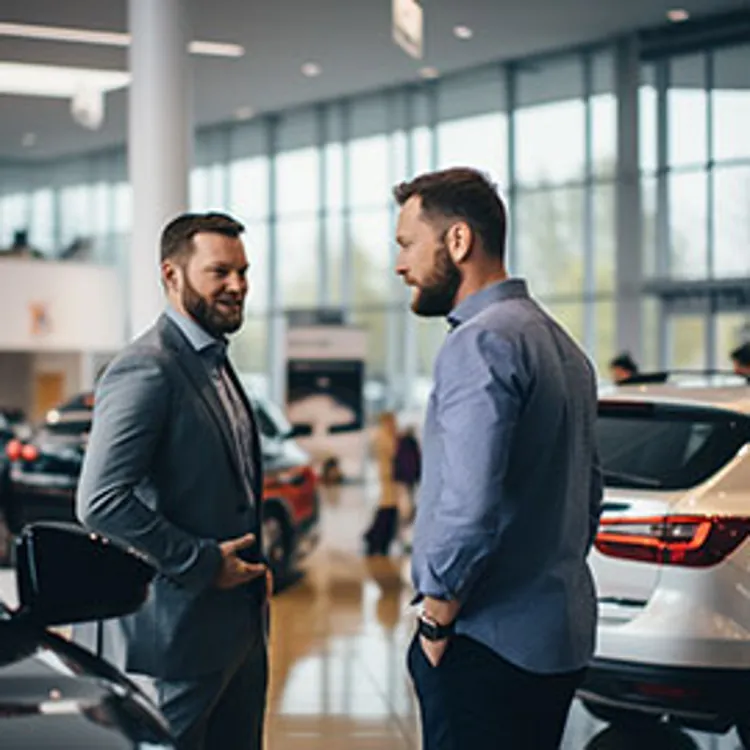 car salesman talking to a customer in a dealership