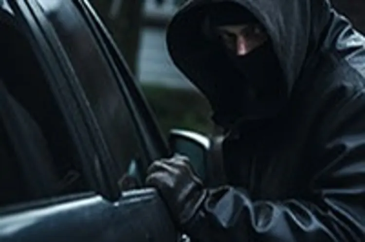 hooded man trying to open car door