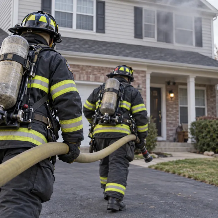 Two firefighters carrying a hose approach a house with smoke coming from an upstairs window