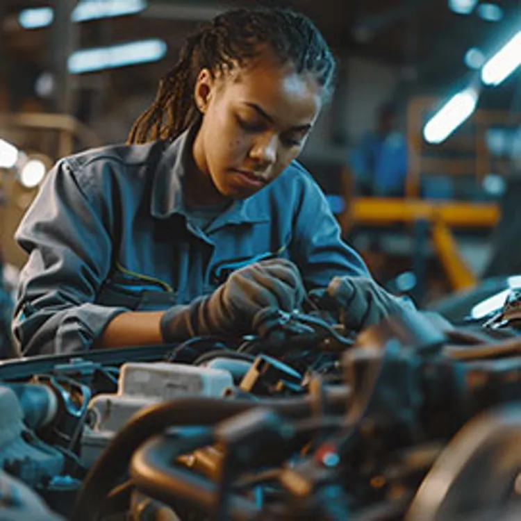 a female mechanic working on a car engine