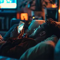 a man using his phone while lying on the couch