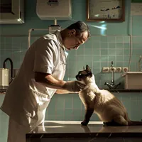 a veterinarian examining a siamese cat