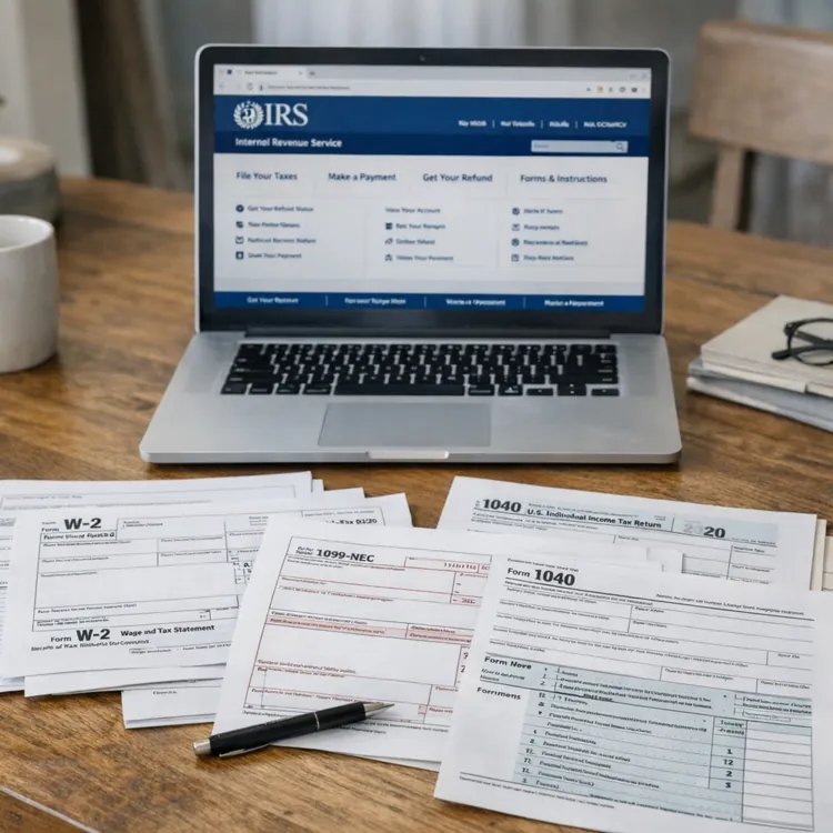 A laptop displaying the IRS website on a wooden desk with tax forms, a calculator, glasses, and a pen.