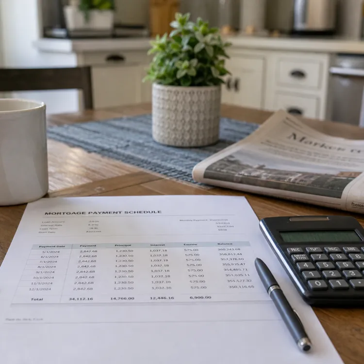 Mortgage payment schedule with calculator, pen, keys, mug, and newspaper on a kitchen table