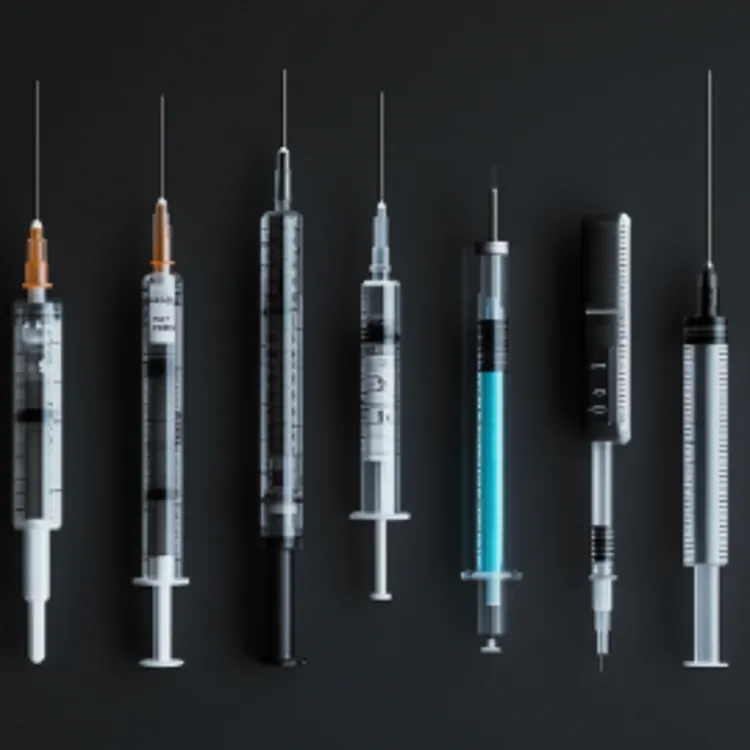 different kinds of syringes arranged in a row