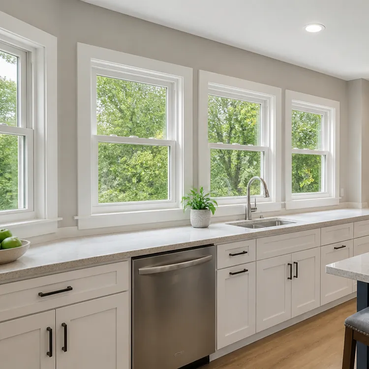 Modern kitchen with white cabinets, stainless steel appliances, and large windows overlooking trees