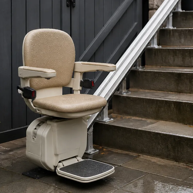 Outdoor stair lift chair installed next to a set of wet stone steps with potted plants nearby