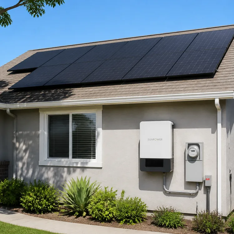 Solar panels installed on the roof of a single-story house with an electric meter and inverter on the wall