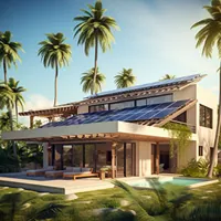 solar panels on top of the roof of a house with a pool and palm trees
