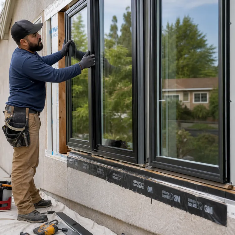 Contractor installing new black-framed window on a house exterior