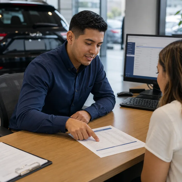 Salesperson showing a document to a couple at a desk in a car dealership office