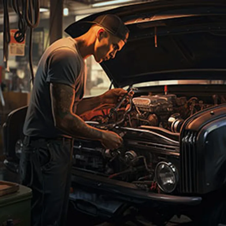 mechanic doing an inspection under the hood of a vehicle
