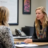 two women talking to each other in an office