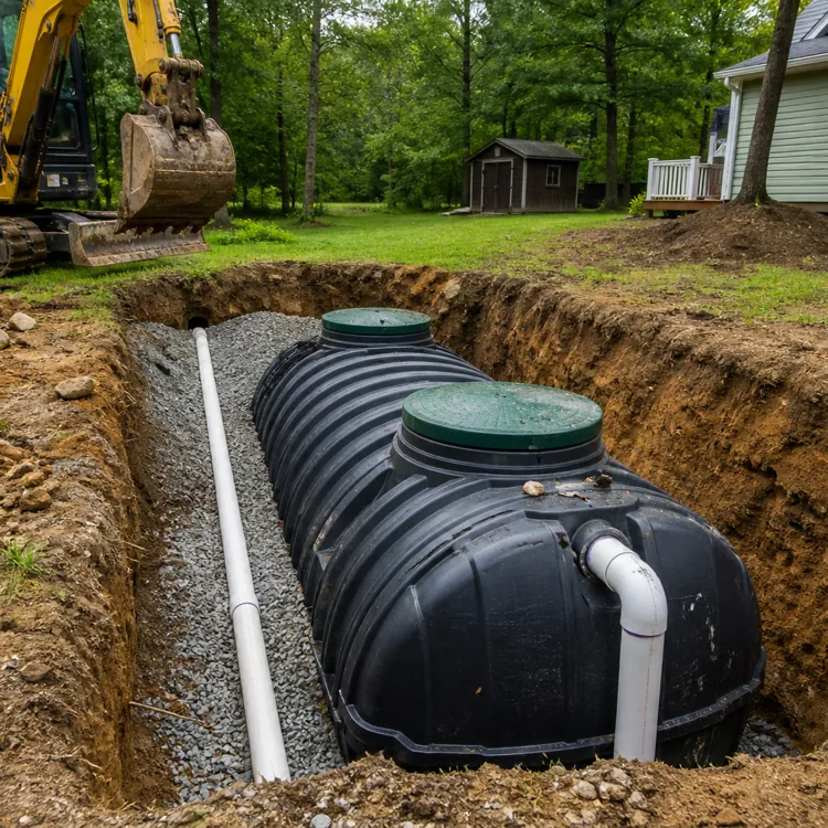 Large black septic tank being installed in a trench beside a house with an excavator nearby