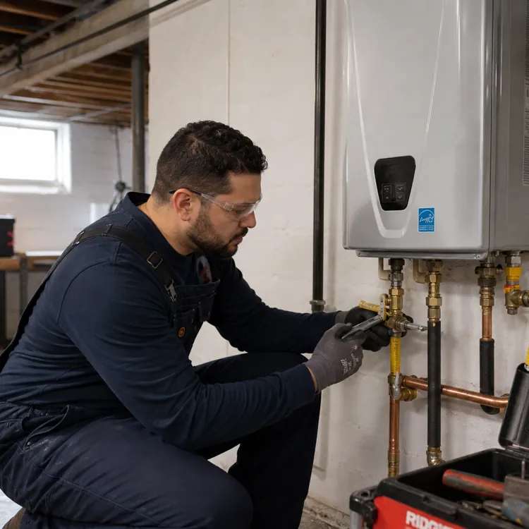 Plumber fixing water heater pipes in a basement utility room with tools and permits on wall