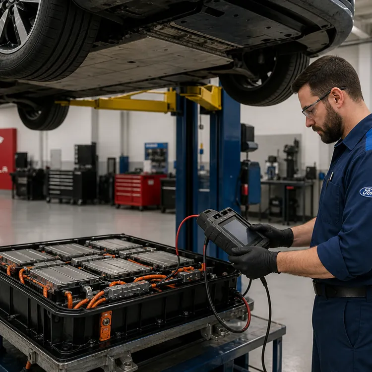 Mechanic in a Ford uniform testing an electric vehicle battery in an auto service center