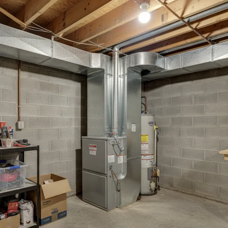 A tidy unfinished basement with HVAC system and organized storage shelves.