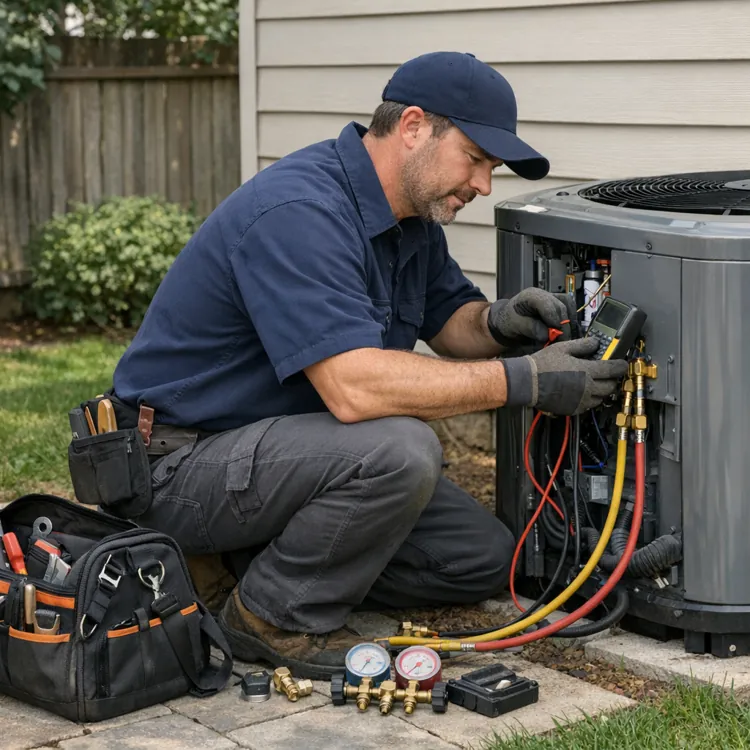 Technician repairing outdoor air conditioning unit with tools and gauges