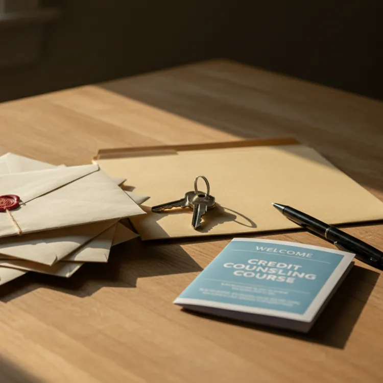 Sealed envelopes, keys, pen, and credit counseling booklet on a wooden desk