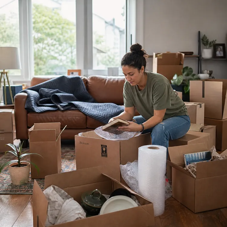 Woman unpacking boxes in a living room filled with moving supplies and cardboard boxes