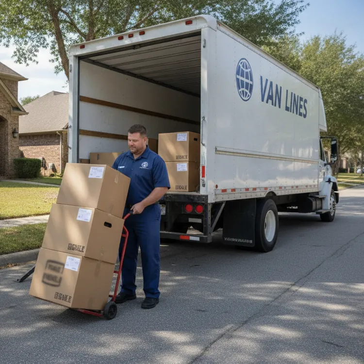Mover using a hand truck to unload cardboard boxes from a moving truck in front of a house