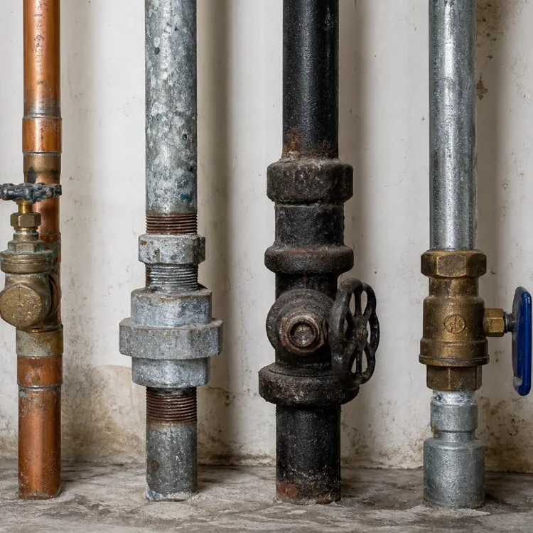 Five different metal and plastic pipes with valves against a white wall