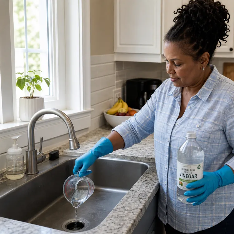 Woman wearing gloves pours liquid into kitchen sink while holding vinegar bottle