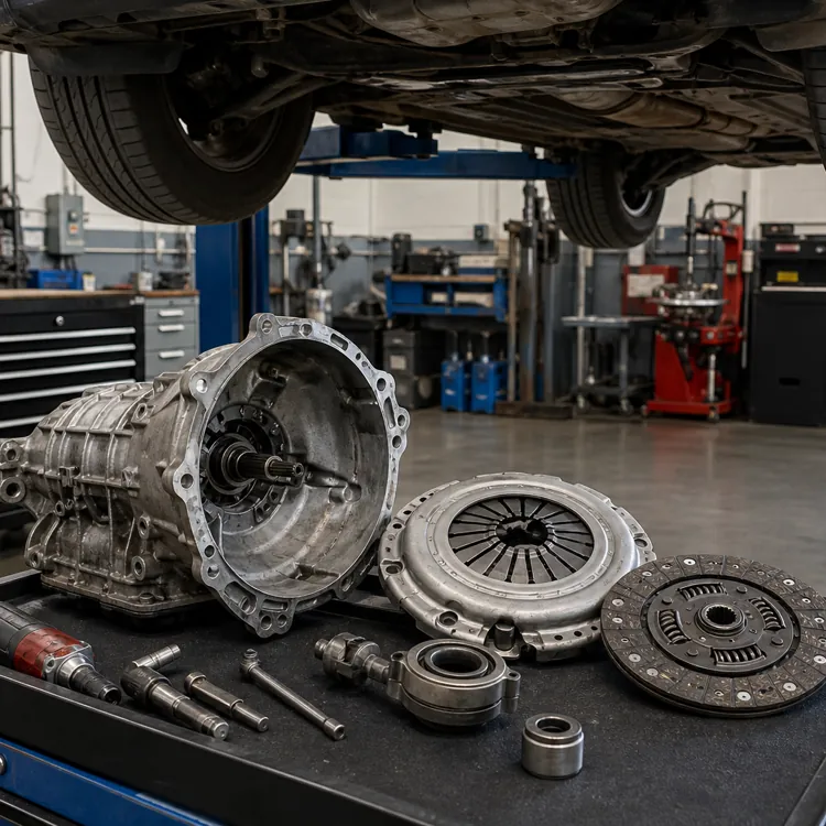 Car transmission parts and tools on a cart in an auto repair shop