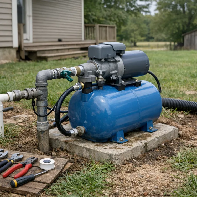 Blue water pump system with attached pipes and tools on a wooden board outdoors
