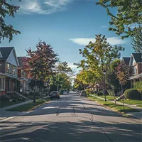 image showing a street in the suburbs lined with houses and trees