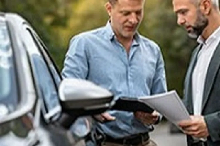 car insurance agent showing piece of paper to client