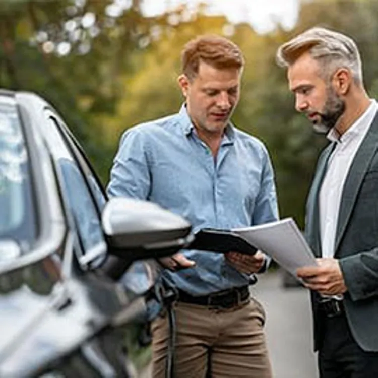 car insurance agent showing piece of paper to client