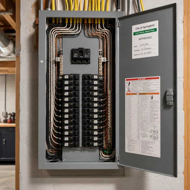 Open electrical panel with circuit breakers and wiring mounted on a basement wall