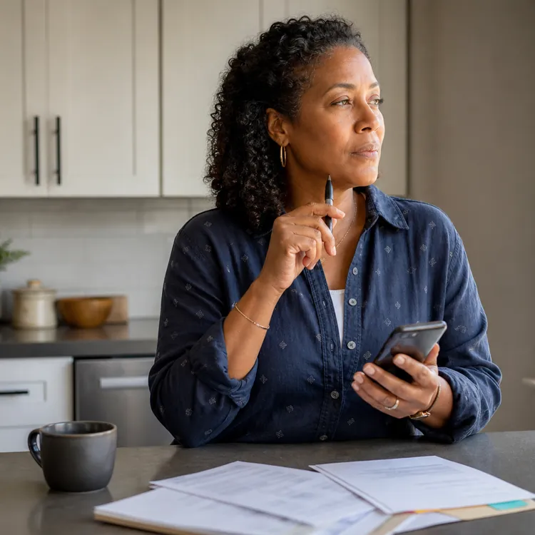 Woman in kitchen holding phone and pen, looking out window with paperwork on counter