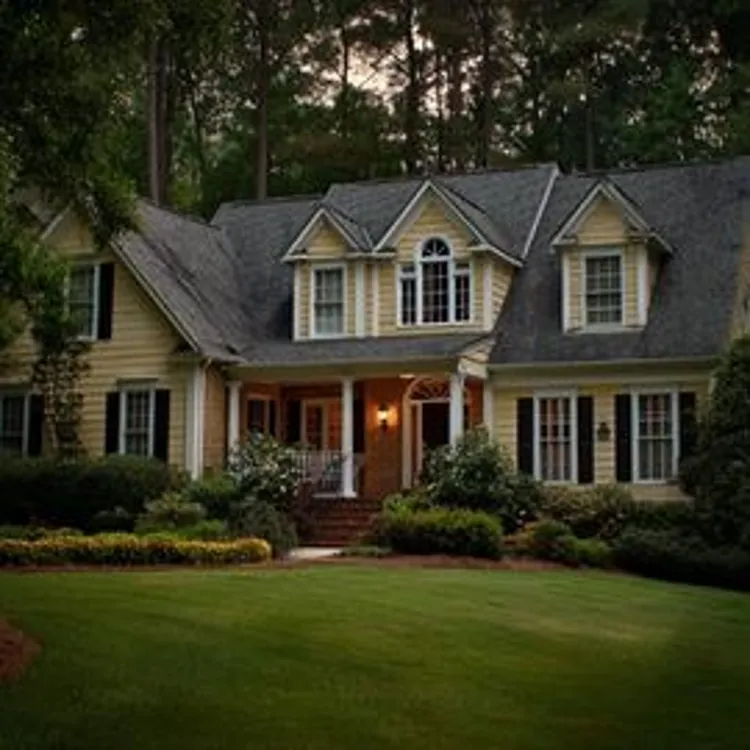 a two-story house with a light yellow exterior, white trim, and a dark gray roof