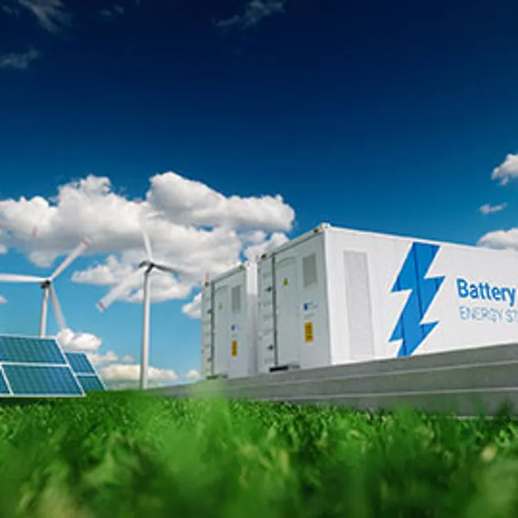 photovoltaics, wind turbines and battery containers in nature