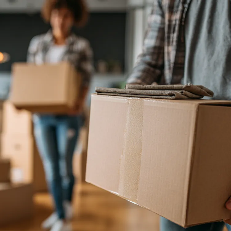 Two people carrying cardboard boxes in a home setting with more boxes and a plant in the background.